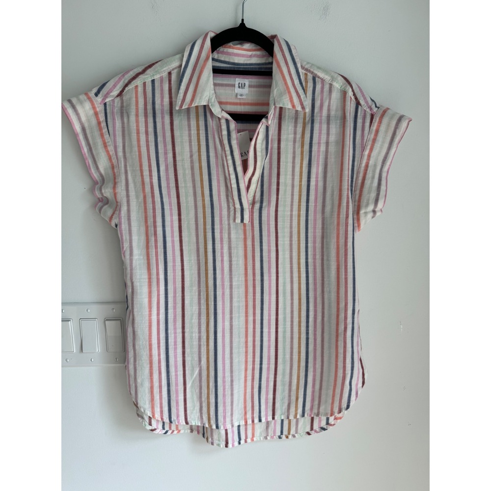 Gap Womens XS Multi Color Striped Short Sleeve Split Neck Cotton Shirt NEW